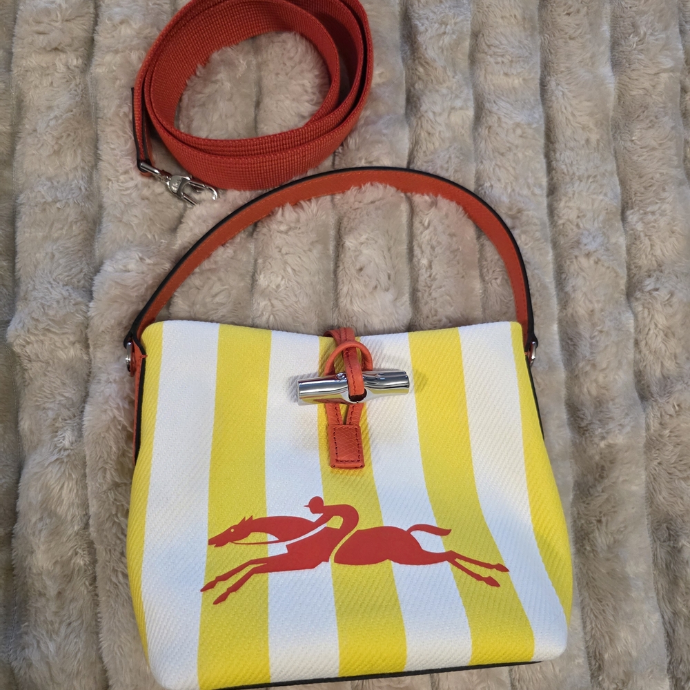Authentic Longchamp Brand New Yellow & White Stripe Shoulder Bag with Red Accent